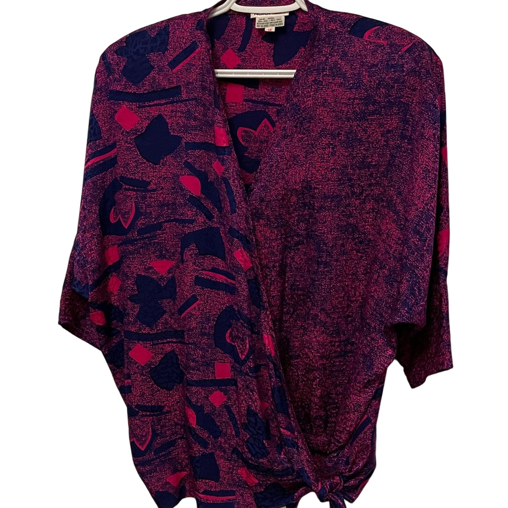 Vintage 1980’s Nora Noh Fuchsia/Navy Silk Blouse With Shoulder Pads Size 14